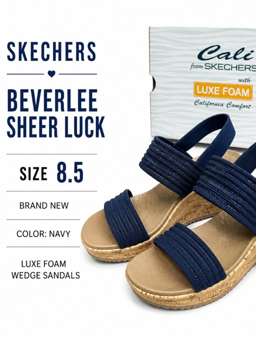 NWT Skechers Cali Beverlee Sheer Luck Navy Wedge Sandals Size 8.5